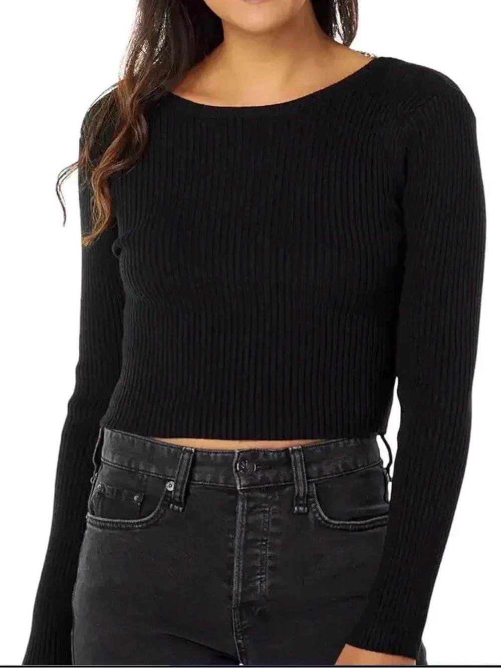 ASTR Black Ribbed Long-Sleeve Crop Top with Gold Chain Detail